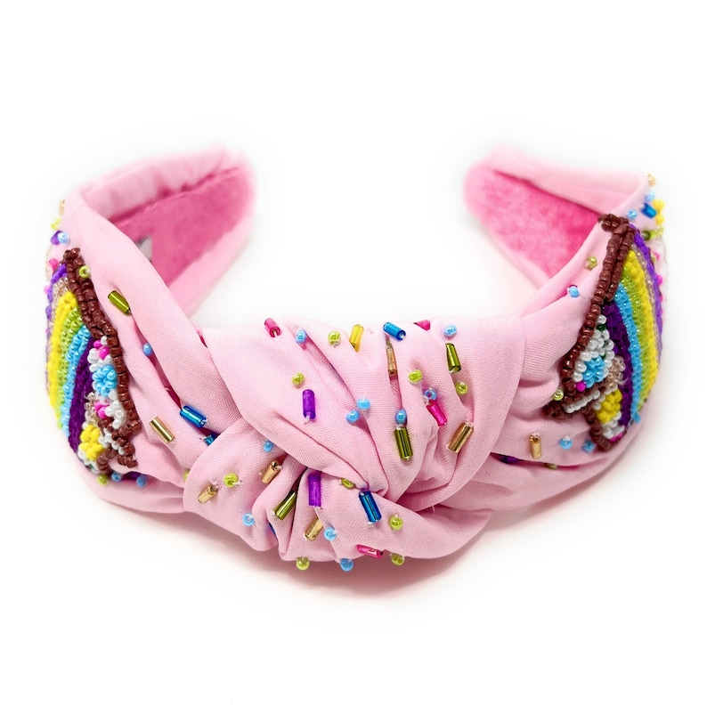 Hand Beaded Birthday Cake Top Knot Headband in Beautiful Pink Fabric