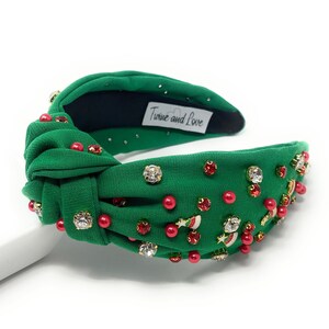 Green Christmas holiday top knot jeweled headband