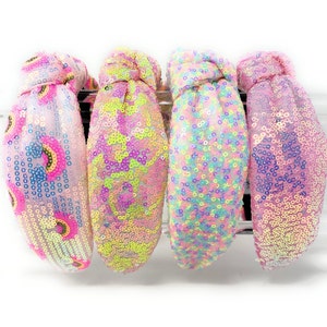 Custom Sequin Top Knot Headband in Beautiful Fabrics and Great Colors, Pink Sequin Knotted Headband Chic Statement Sequin Top Knot Headbands