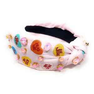 Romantic Stunner: Handcrafted Jeweled Valentines Day Top Knot Headband with heart candy motif embroidered