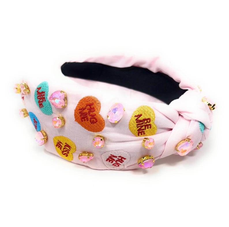 Romantic Stunner: Handcrafted Jeweled Valentines Day Top Knot Headband with heart candy motif embroidered