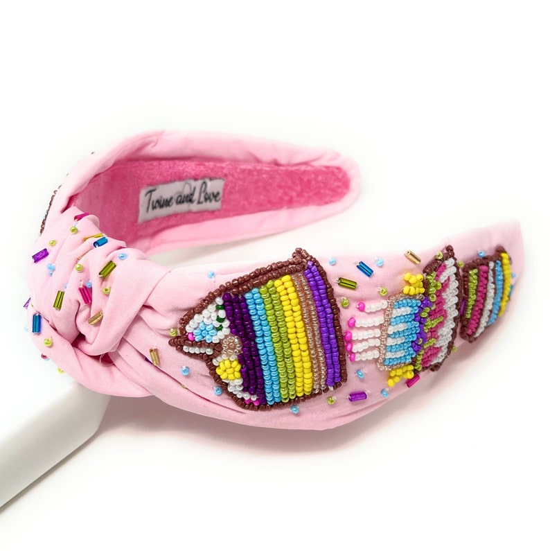 Hand Beaded Birthday Cake Top Knot Headband in Beautiful Pink Fabric