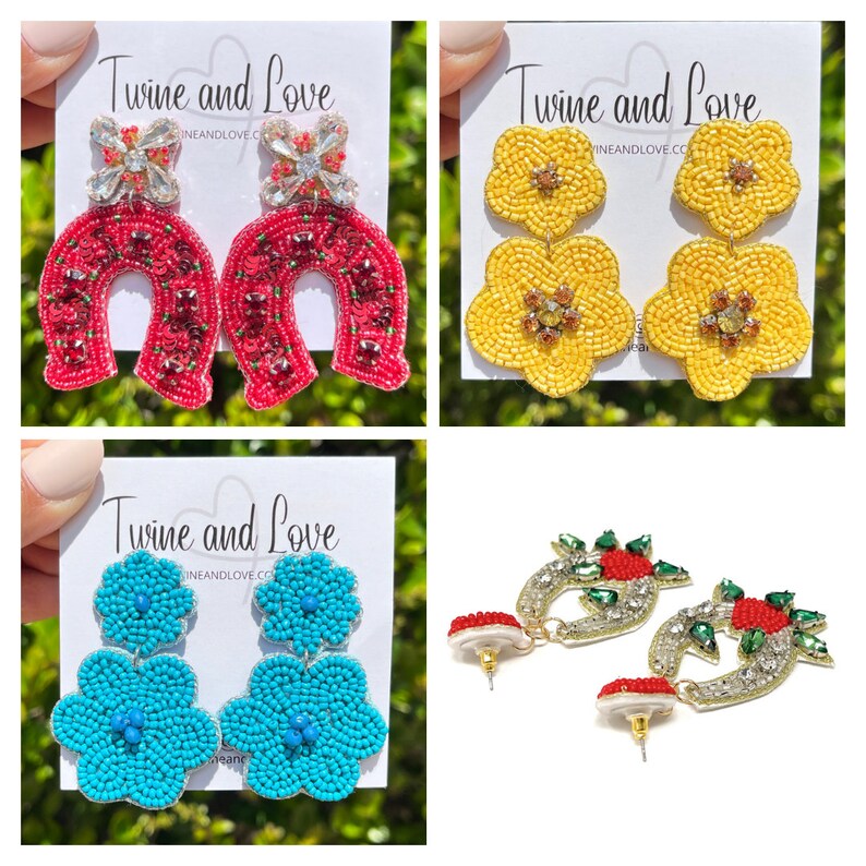 May include: Four pairs of beaded earrings in different colors and designs. The earrings are made with small beads and feature a variety of shapes, including flowers, horseshoes, and stars. The earrings are all handmade and have a unique, bohemian style.