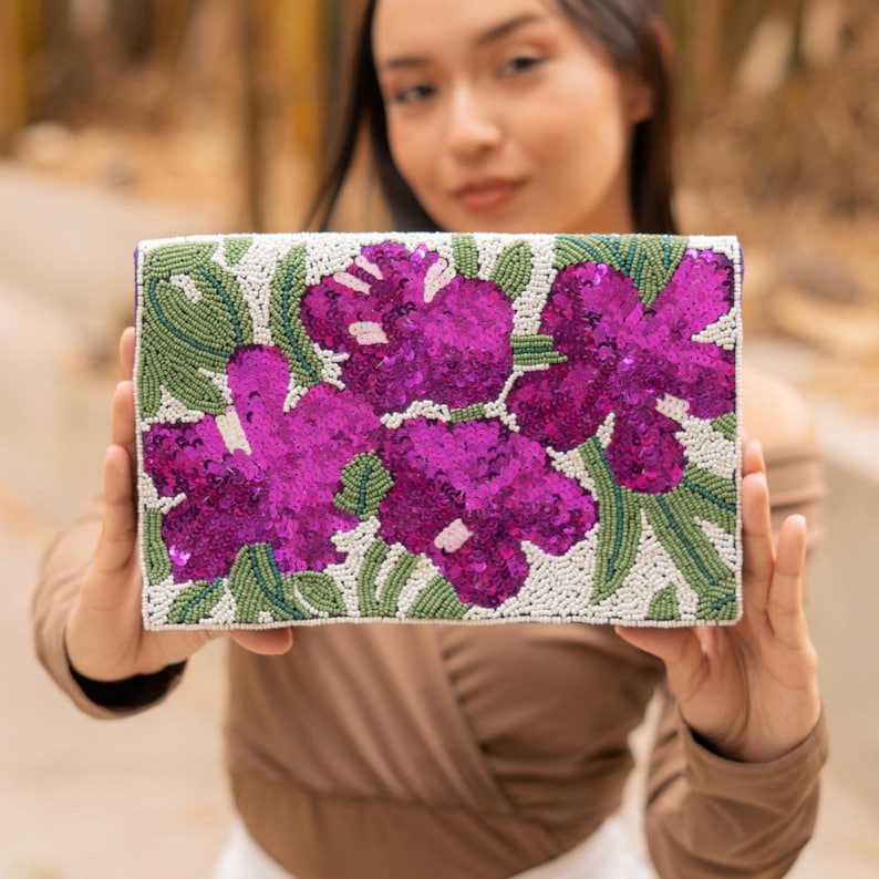 Purple clutches and evening bags - purple floral beaded and sequin evening bag