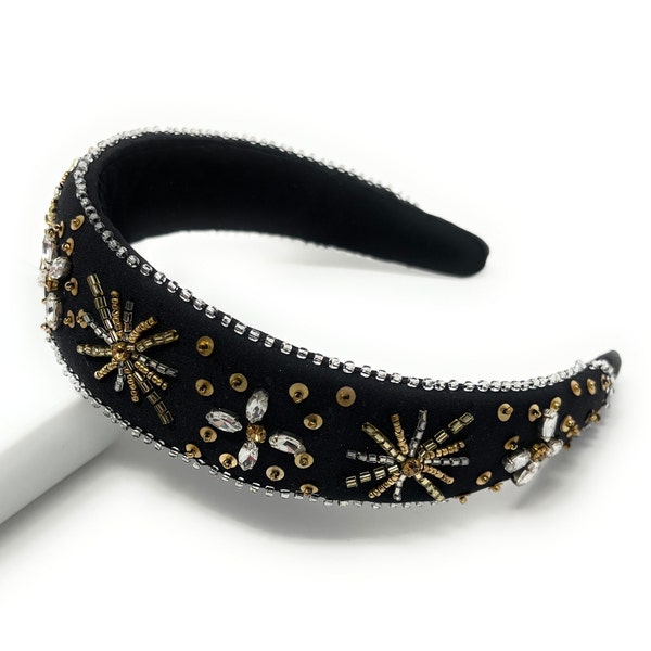 Hand Bead Jeweled Headband, Holiday Padded Headband, Holiday Headbands, Red Embellished Headband, Seed Bead Headband, Black Jeweled Headband