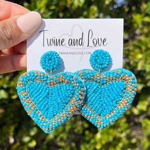 Beautiful hand beaded turquoise heart earrings