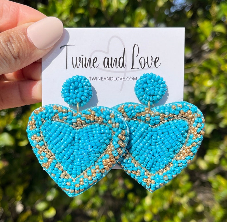 Beautiful hand beaded turquoise heart earrings