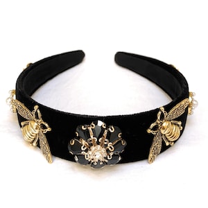 Luxurious Baroque Velvet Headband with Handcrafted Jeweled Embellishments - Customizable and Beautiful, Bee Jeweled Unique Velour Headband