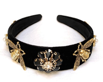 Luxurious Baroque Velvet Headband with Handcrafted Jeweled Embellishments - Customizable and Beautiful, Bee Jeweled Unique Velour Headband