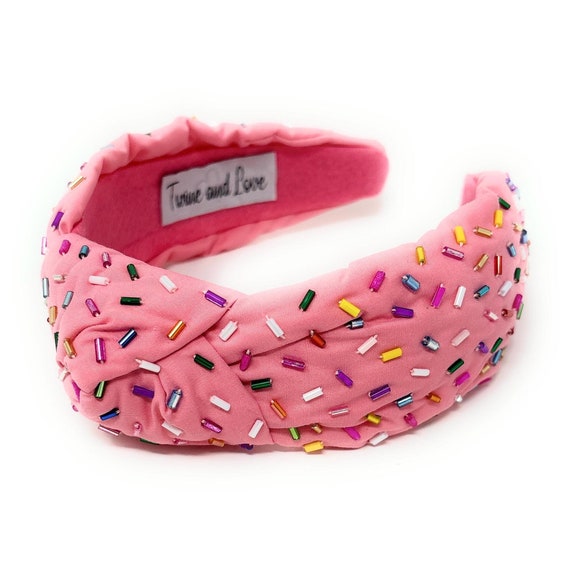 Pink Velvet Knot Headband with Sprinkles Pearls and Crystals Rainbow Confetti Lady Jane Makes | Accessories | Pink Velvet Knot Headband  main image 3