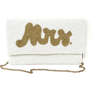 Elegant Hand-Beaded Custom Bridal Clutch Purse: The Perfect Accessory for Your Special Day - MRS White clutch with gold letters