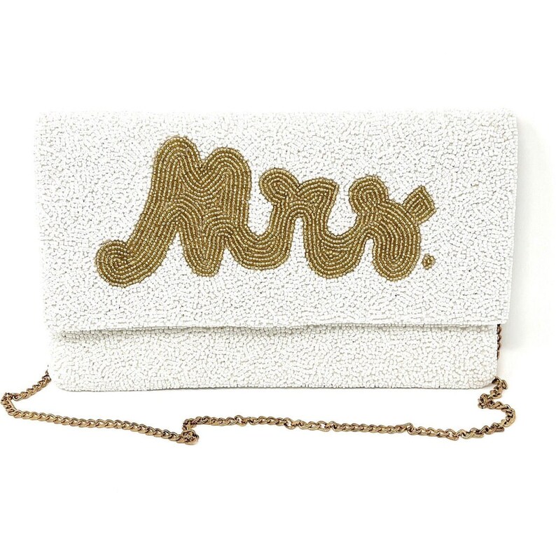 Elegant Hand-Beaded Custom Bridal Clutch Purse: The Perfect Accessory for Your Special Day - MRS White clutch with gold letters