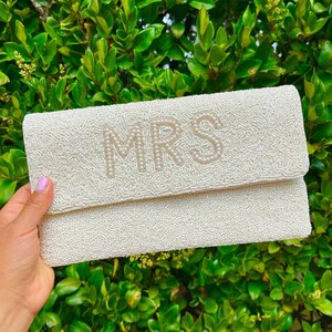 Elegant Hand-Beaded Custom Bridal Clutch Purse: The Perfect Accessory for Your Special Day - MRS Ivory clutch with pearl letters