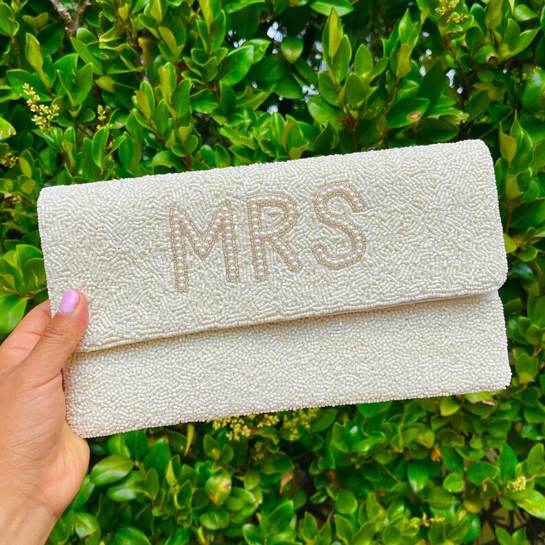 Elegant Hand-Beaded Custom Bridal Clutch Purse: The Perfect Accessory for Your Special Day - MRS Ivory clutch with pearl letters
