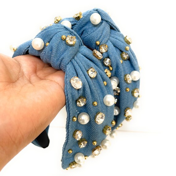 Denim Jeweled Knotted Headband, Rhinestone Headband  display picture 1