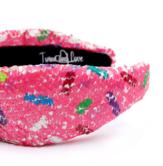 Hand Sewn Pink Sequin Sprinkles Knot Headband, Birthday  display picture 1