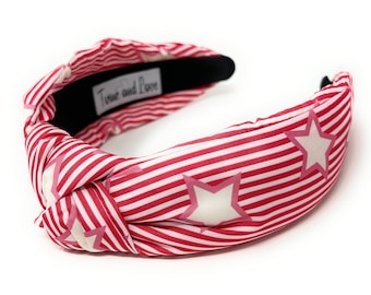 Patriotic Striped Headband Handmade Top Knot Hair Wrap for Fourth of July Celebrations, Blue Red Knot Headband, USA Striped Knot Headband