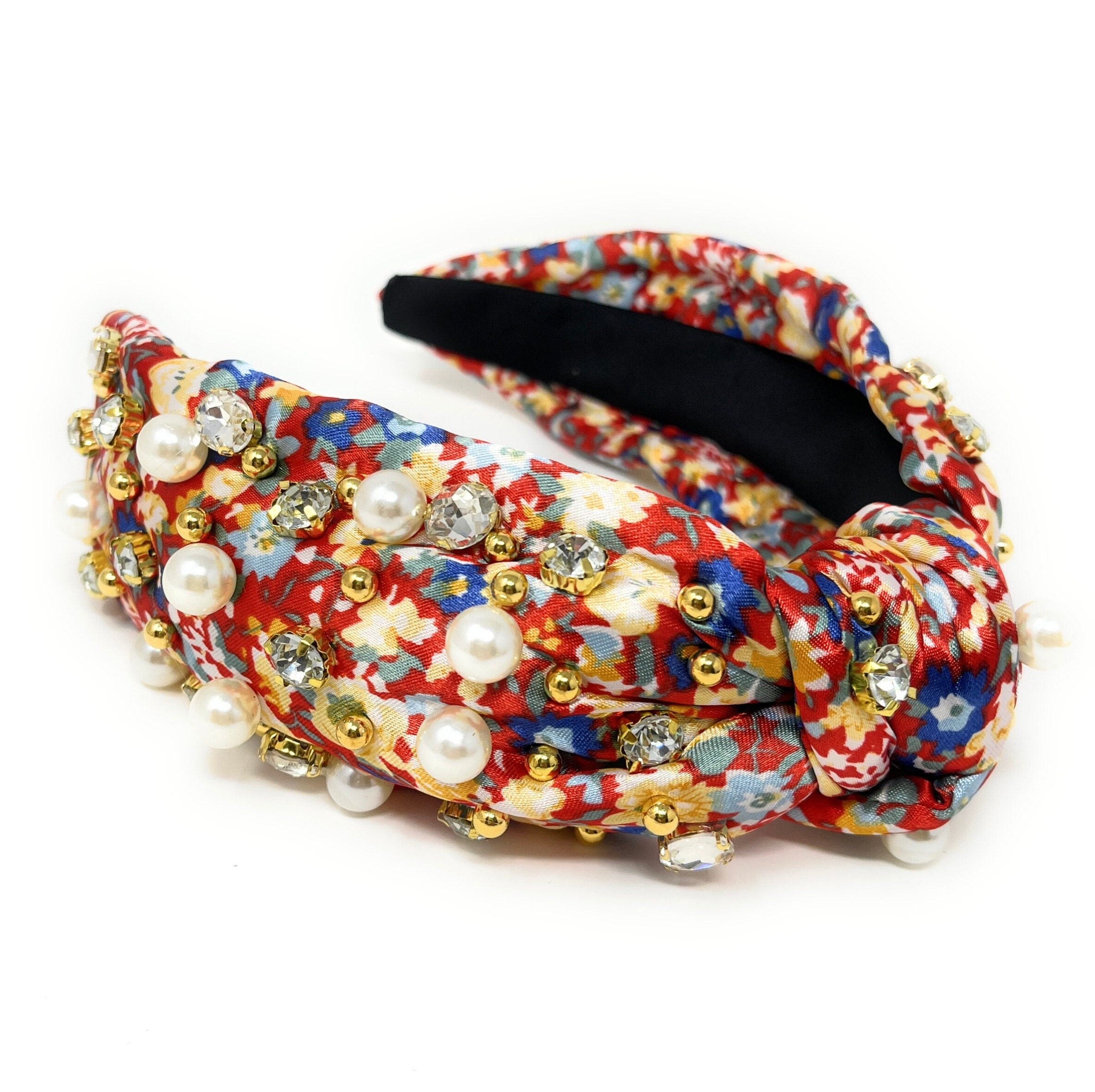A lot of 4, custom, handmade, floral print headbands (purchased from Etsy) Handmade Floral Print Top Knot Headband With Jeweled Accents  main image 4