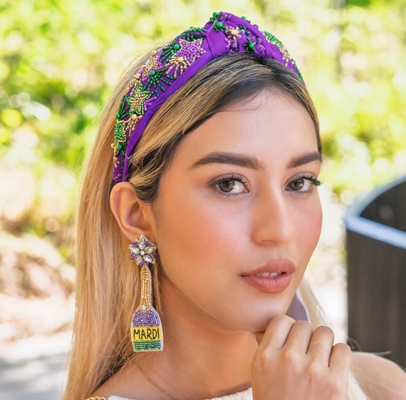 Celebrate Mardi Gras in Style with our Beautiful Hand Beaded Knot Headbands, Mardi Gras Headband Purple Headband Mardi Gras Hair Accessories