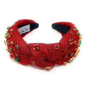 Festive and Unique: Custom Holiday Christmas Jeweled Knot Headband - Red Shimmery fabric with gift bow charms, green and red jewels