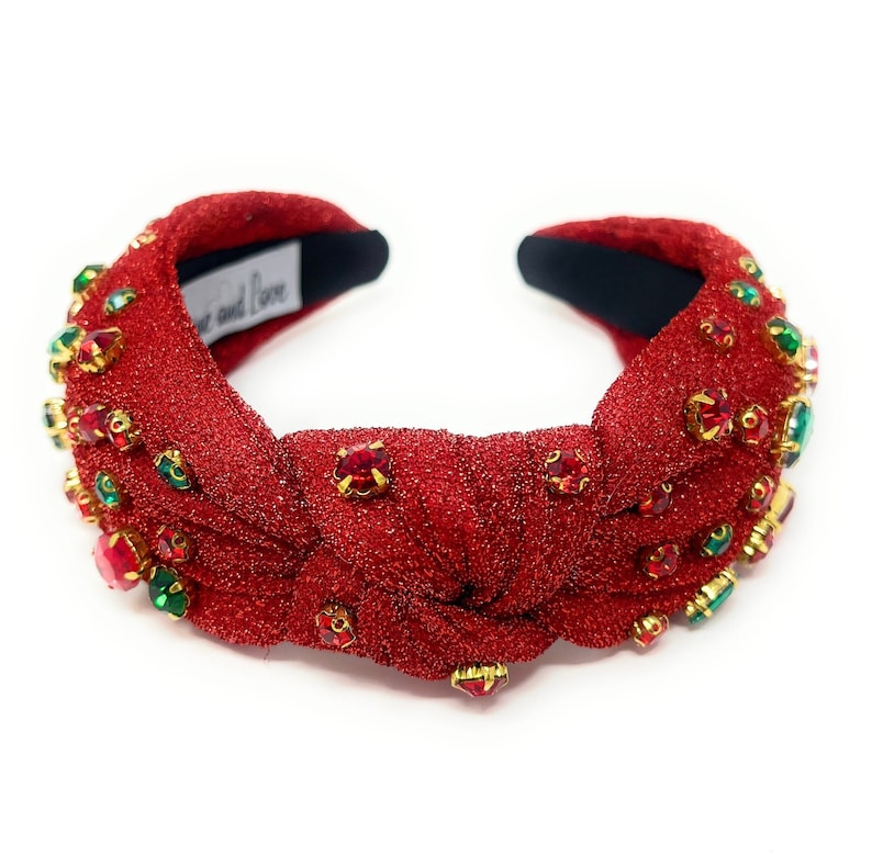 Festive and Unique: Custom Holiday Christmas Jeweled Knot Headband - Red Shimmery fabric with gift bow charms, green and red jewels