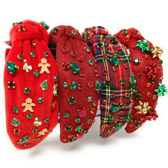 Handcrafted Christmas Custom Jeweled Knot Headbands for the Holidays, Red Plaid Christmas Knot Headbands, Holiday Top Knot Headbands Gifts