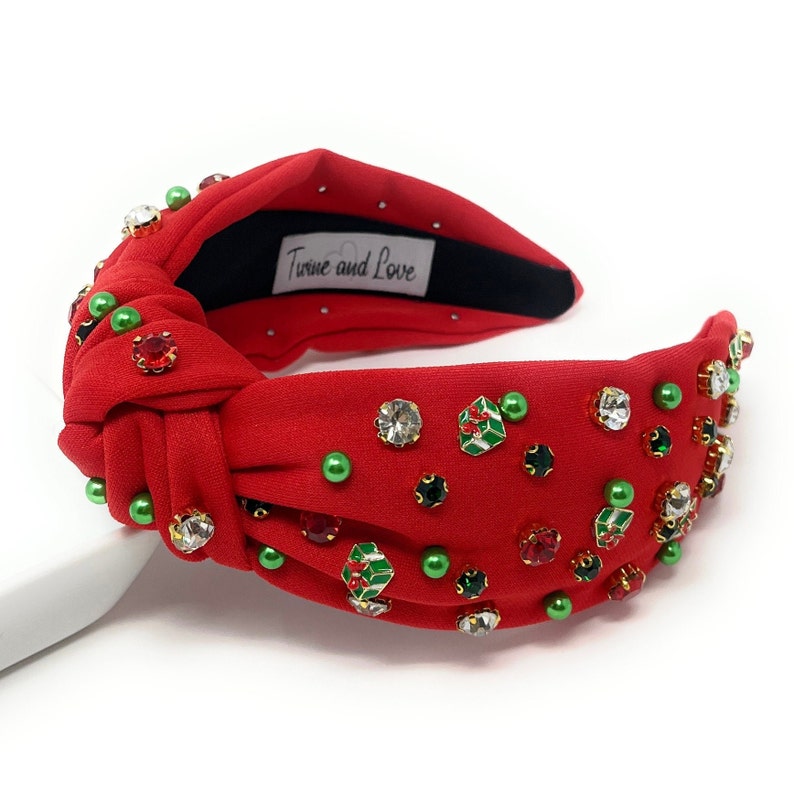 Red Christmas holiday top knot jeweled headband