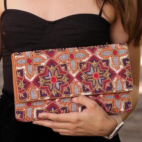 FLORAL Beaded Gold Sequin Clutch, Floral Clutch Bag, Beaded Clutch Purse, Floral Clutch Bag, Party Clutch Purse, Birthday Gift, Bridal Gift