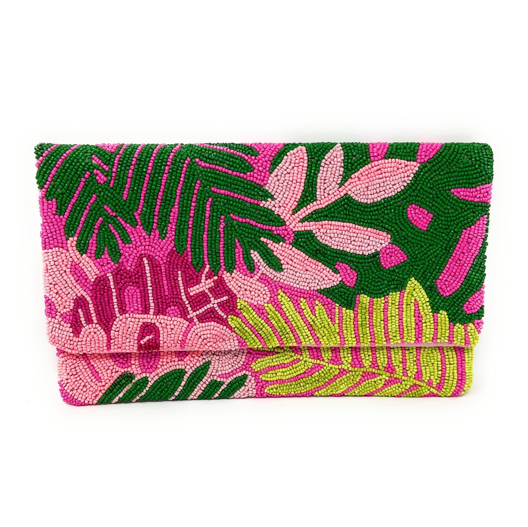 Tropical tan semi circle wedding hand embroidered clutch bag for women