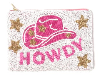 LARGE Howdy Beaded Pouch, Beaded Purse, Make Up Purse, Beaded Pouches, Birthday Friend Gift, Cosmetic Bags, Yeehaw Beaded Pouch, Best Seller