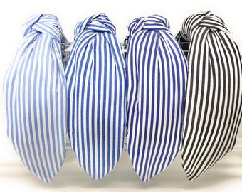 Stripes Top Knot Headbands, Blue White Striped Knot Headband, Blue White Hair Accessories Boho Style Knot Headband Light Blue White Headband