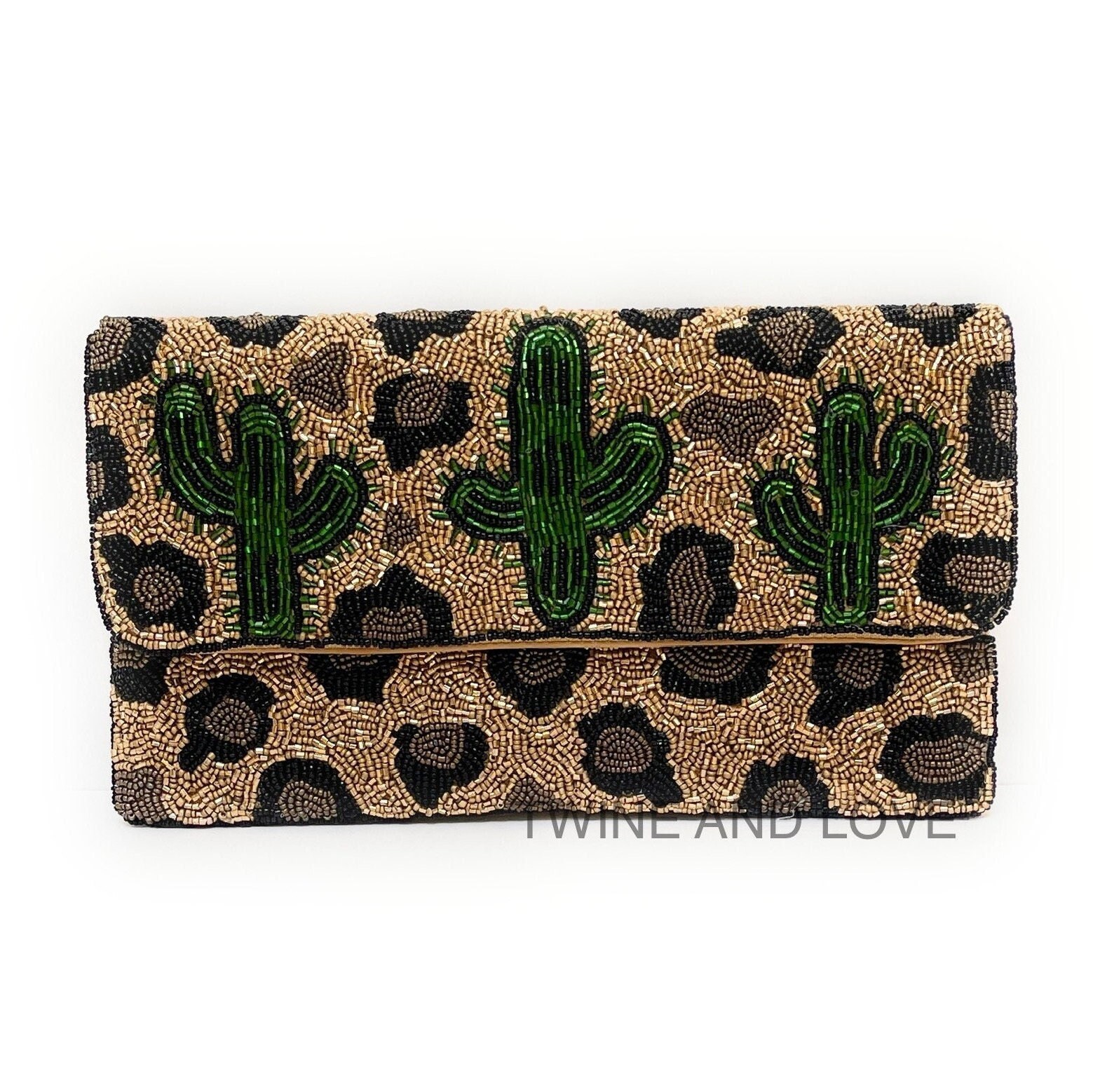 Leopard Desert Cactus Beaded Clutch Purse, Succulent Southwestern Boho Crossbody Purse, Beaded Clutch Purse, Rodeo Cowgirl Bag, Best Seller