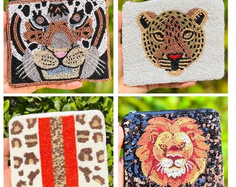 Tiger Leopard Lion Beaded Pouch, Animal Print Small Bag, Safari Cosmetic Bag, Statement Beaded Clutch, Gift for Her