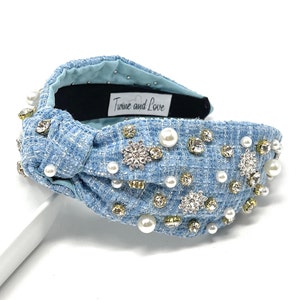 Blue Tweed Christmas holiday top knot jeweled headband with snowflake charms