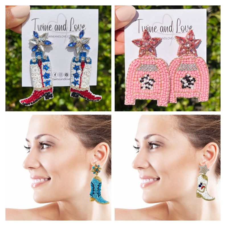 May include: A pair of pink and white beaded earrings with a star and a boot design. The earrings are made by Twine and Love.