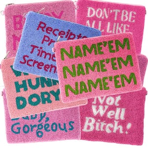 XL Large RHOBH Gifts Name&#39;em Beaded Pouch Purse Housewives Gifts Pink Beaded Preppy Beaded Bag Change Purse Real Housewives of Beverly Hills
