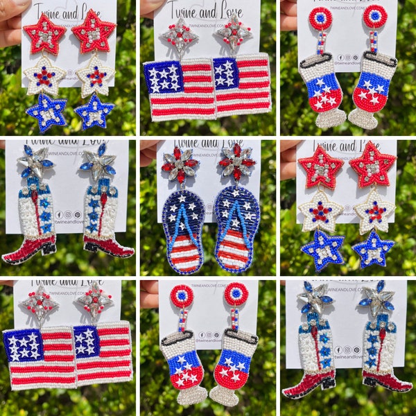 Fourth of July Beaded Earrings, 4th of July Earrings, USA Beaded Earrings, Fourth of July Gifts, USA Flag Earrings, Stars Earrings, USA Flag