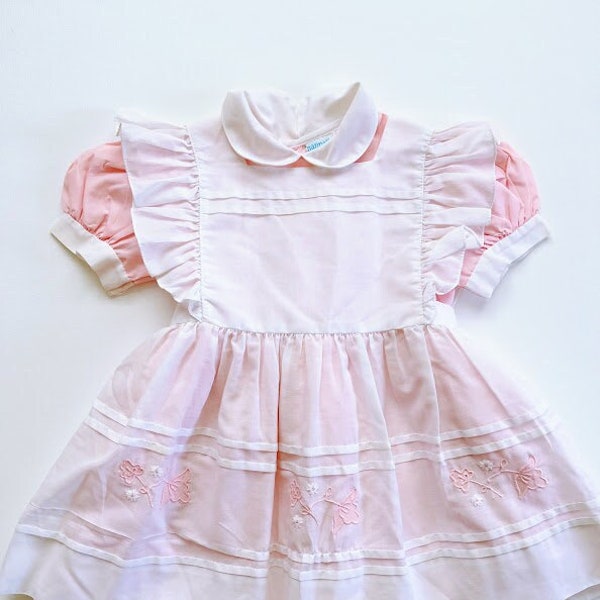 Vintage 80s Girls Nannette Pink and White Pinafore Dress Size 2T