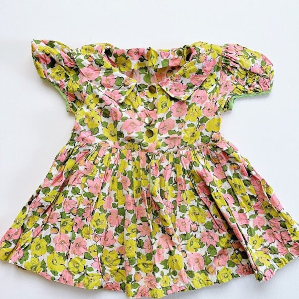 Vintage 50s Baby Girls Pink and Green Floral Print Dress Size 12-18 Months