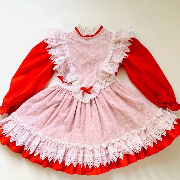 Vintage 80s Martha's Miniatures Red and White Faux Pinafore Christmas Dress Size 5/6
