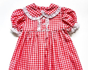 Vintage 80s 90s Handmade Girls Red and White Gingham Dress with Eyelet Trim Size 4/5