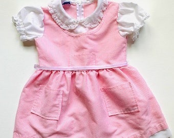 Vintage 70s An Original Chandler Fashion Girls Pink and White Seersucker Dress Size 2T 3T