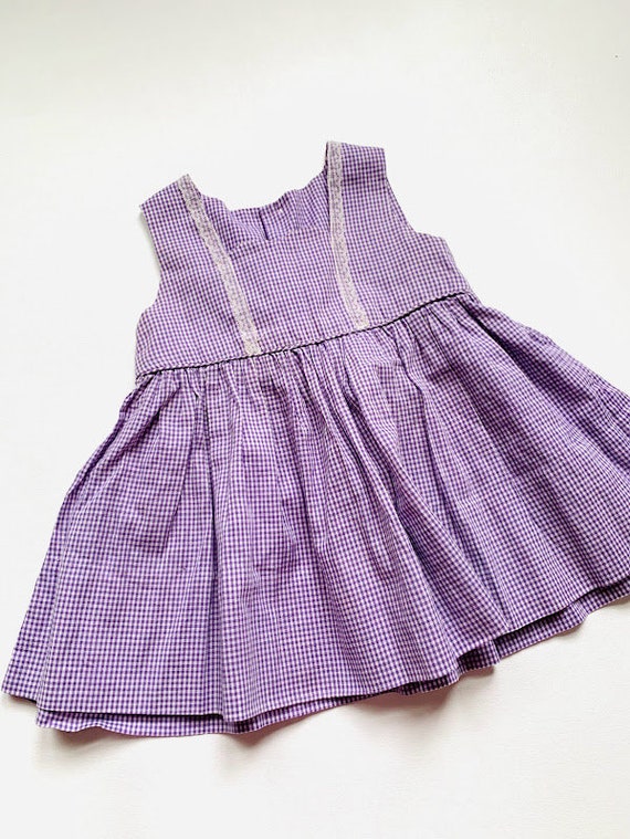 Vintage 60s/70s Baby Girls Purple Gingham Sleevel… - image 4