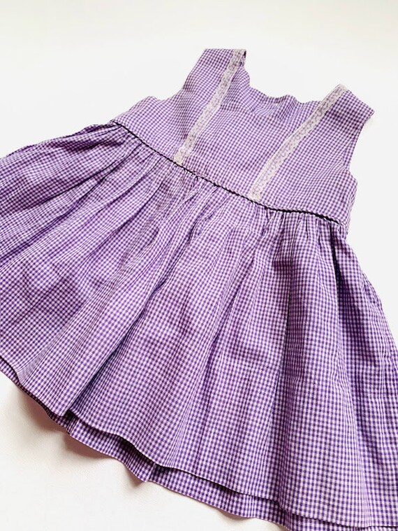 Vintage 60s/70s Baby Girls Purple Gingham Sleevel… - image 3