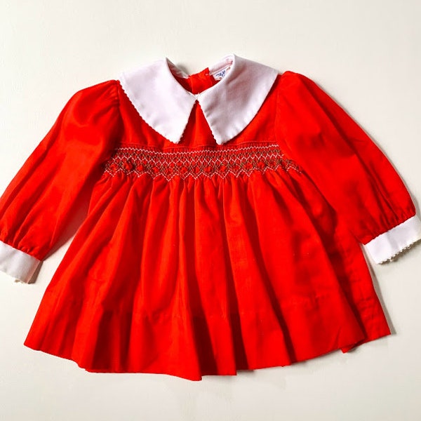 Vintage 70s Girls Polly Flinders Red Christmas Dress with White Collar Size 18-24 Months