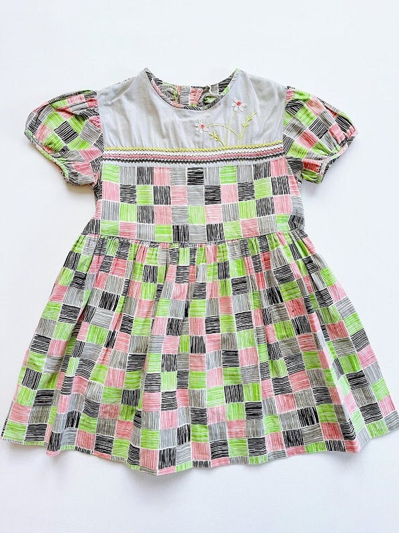 Vintage 50s Girls Green Pink and Gray Print Dress 