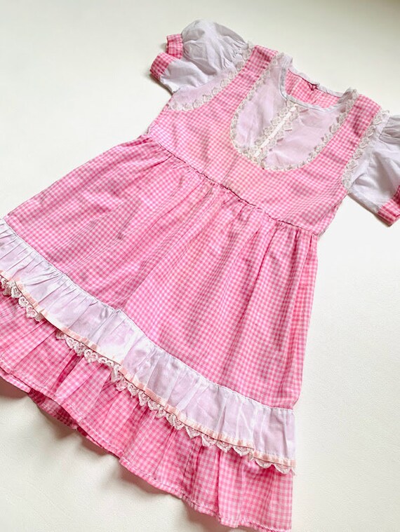 Vintage 80s Handmade Girls Pink and White Gingham… - image 4
