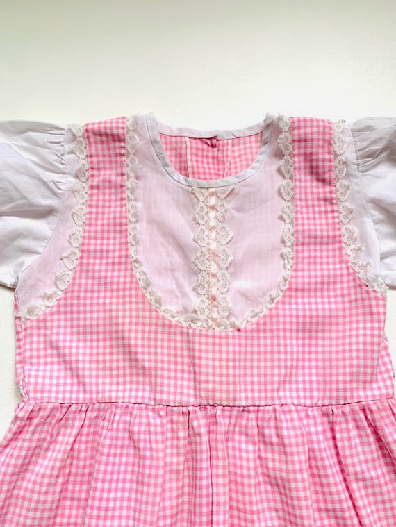 Vintage 80s Handmade Girls Pink and White Gingham… - image 2