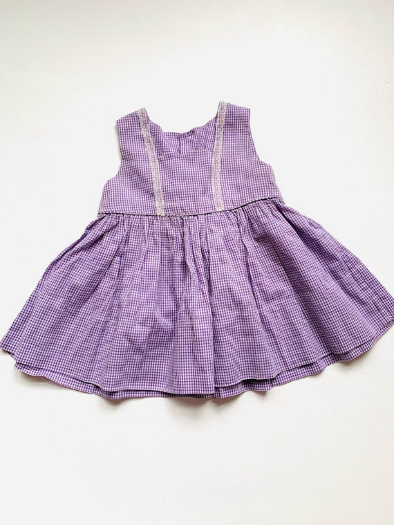 Vintage 60s/70s Baby Girls Purple Gingham Sleevel… - image 1