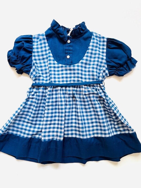 Vintage 70s Lil Airess Girls Blue Gingham Dress S… - image 1